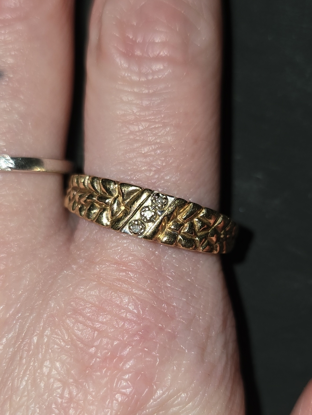 10k Men's Gold Textured Band Ring with 3 Diamond Accents